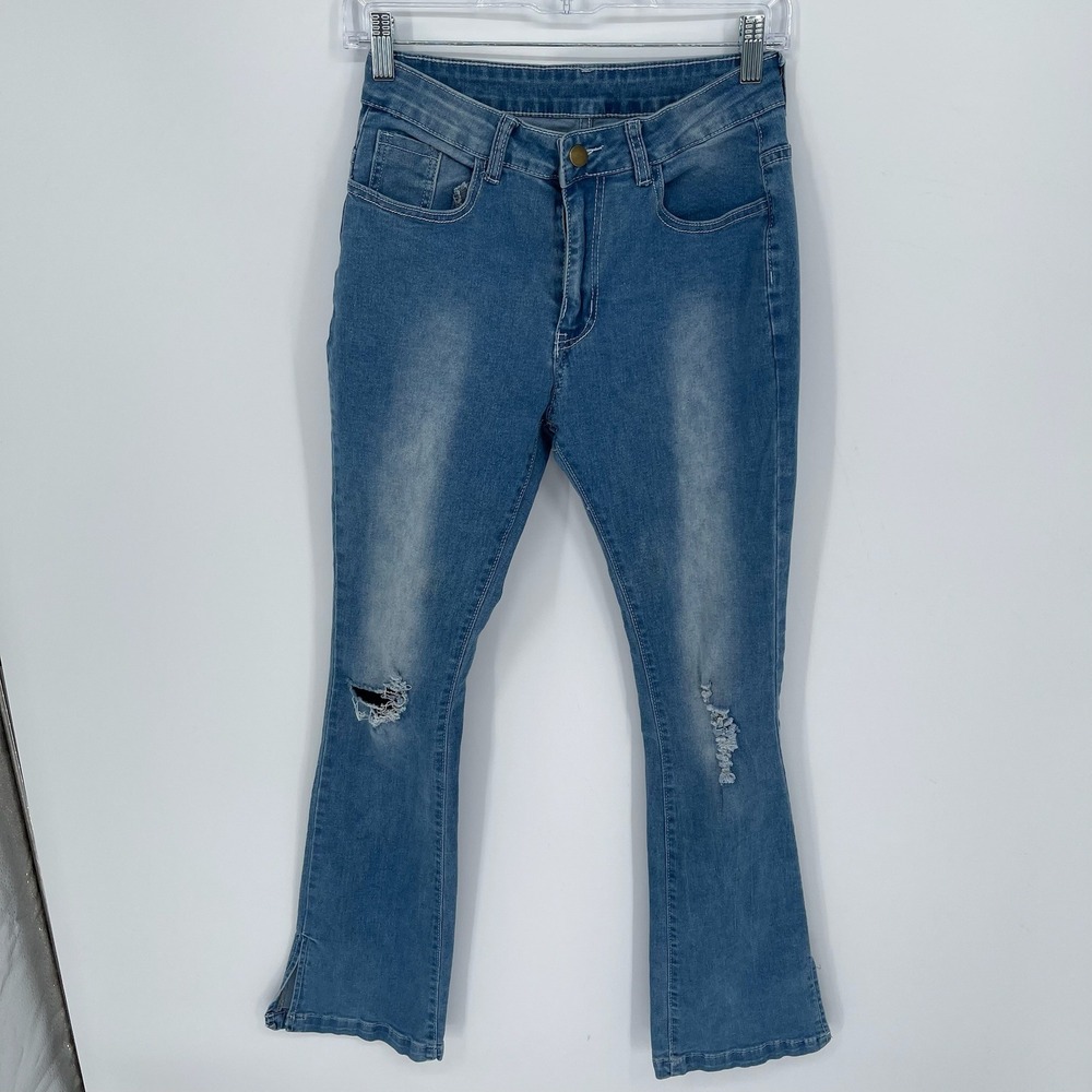 Women's Blue Classic Five-Pocket Distressed Flare Jeans Size Small